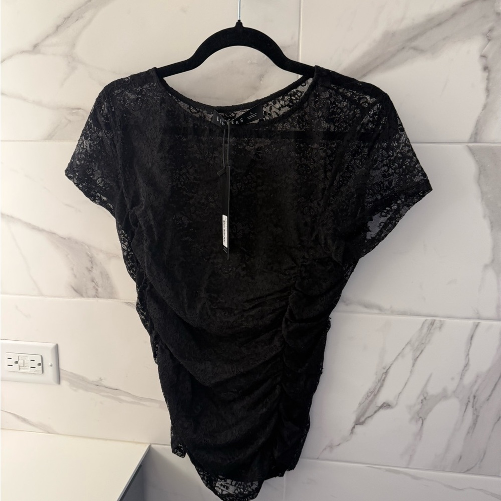 Lioness Black Lace Ruched Short Sleeve Top